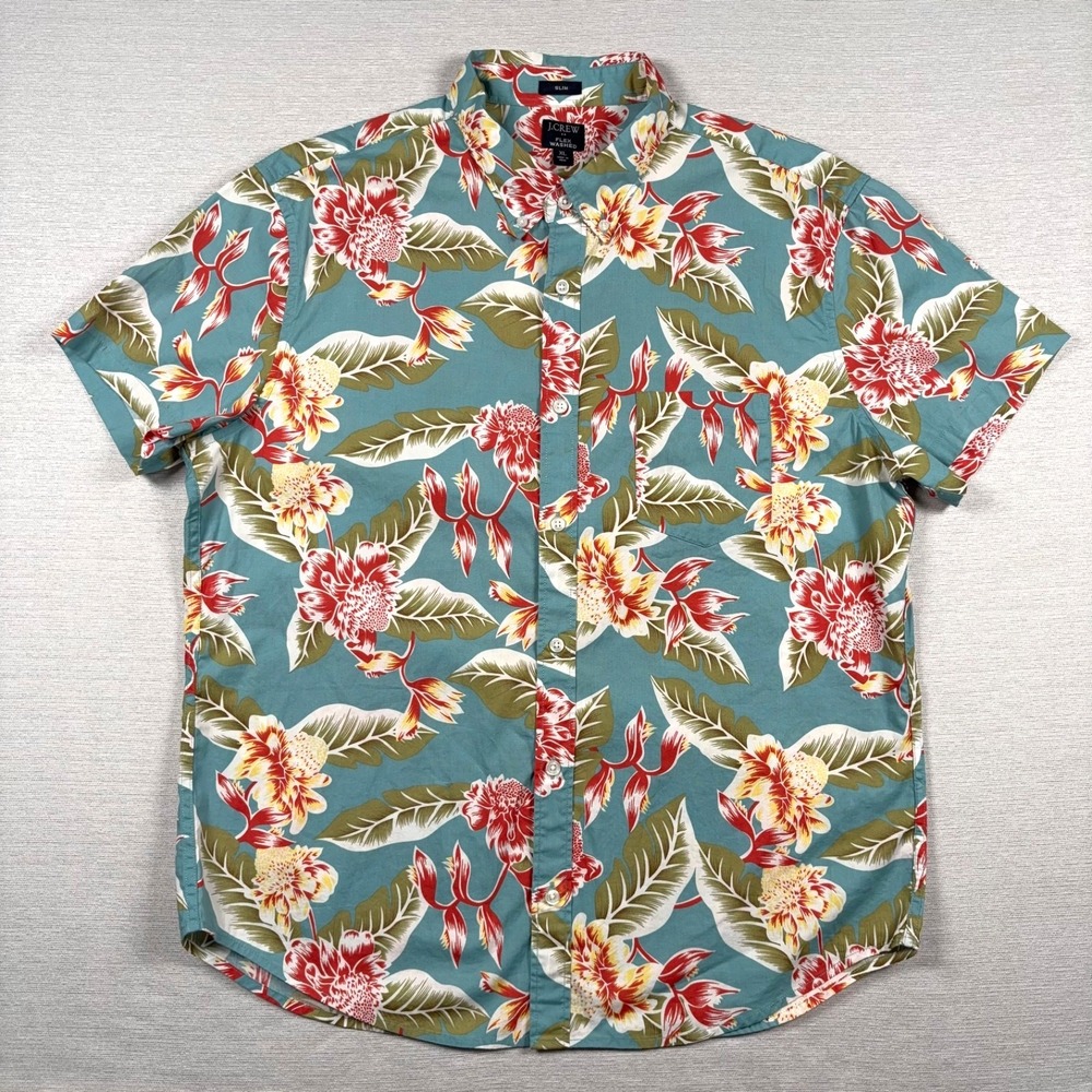 J Crew Flex Washed Slim Fit Shirt Mens Size XL Blue Floral Short Sleeve Stretch